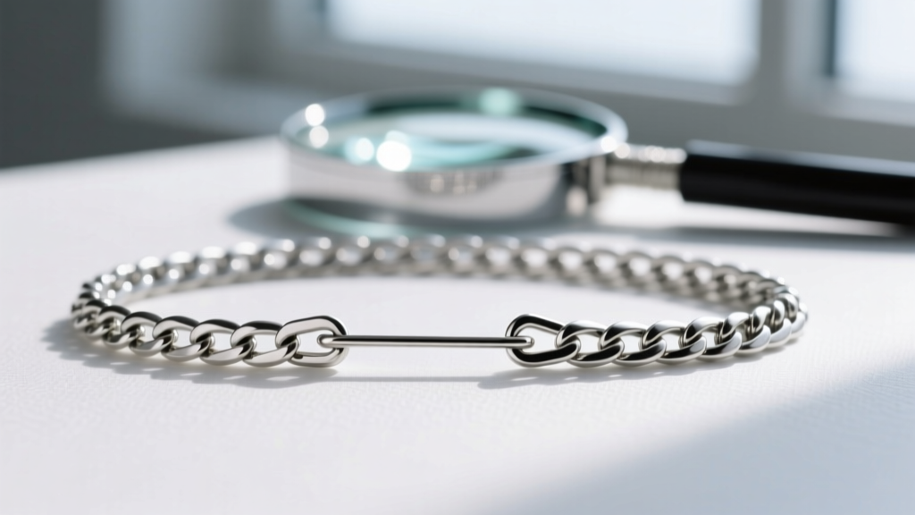 Macro shot of a silver herringbone chain separated by a steel straight pin, with a blurred magnifying glass in the soft background.