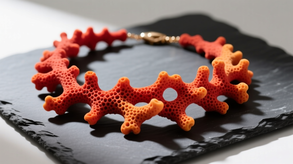Vibrant red-orange sponge coral necklace on dark slate, showing porous texture and organic shapes in soft, diffused natural light