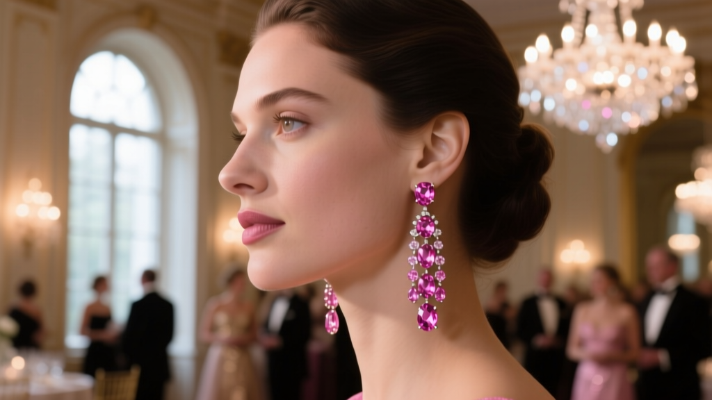Side profile of a woman with a round face shape wearing long 20-gauge pink tourmaline chandelier dangle earrings at a gala event