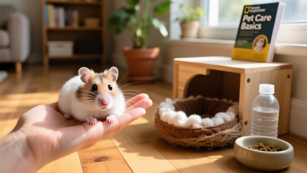 A calm Syrian hamster resting on a hand with soft bedding nearby