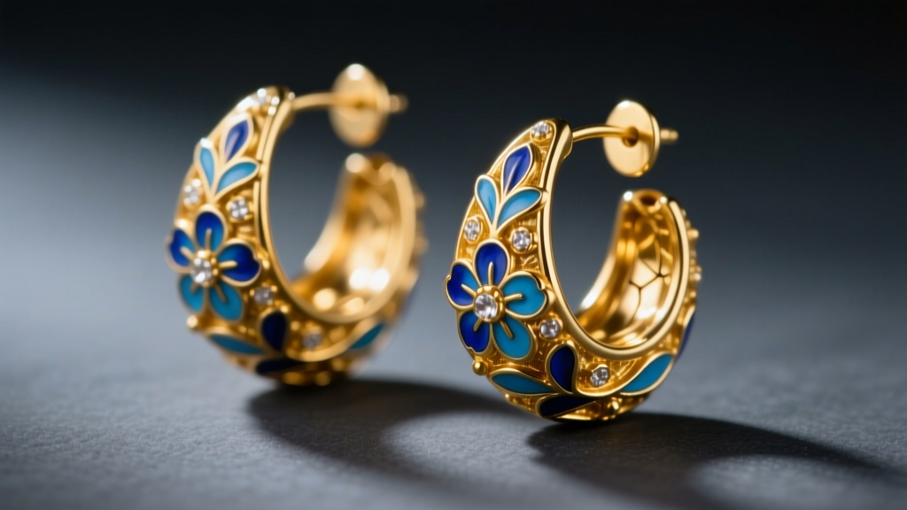 Macro shot of 22k gold jhumkas earrings with blue meenakari enamel on dark slate, illuminated by soft directional light.