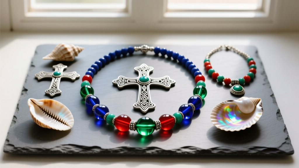 Overhead view of African heritage necklaces with Tuareg silver crosses, glass beads, and cowrie shells on slate.
