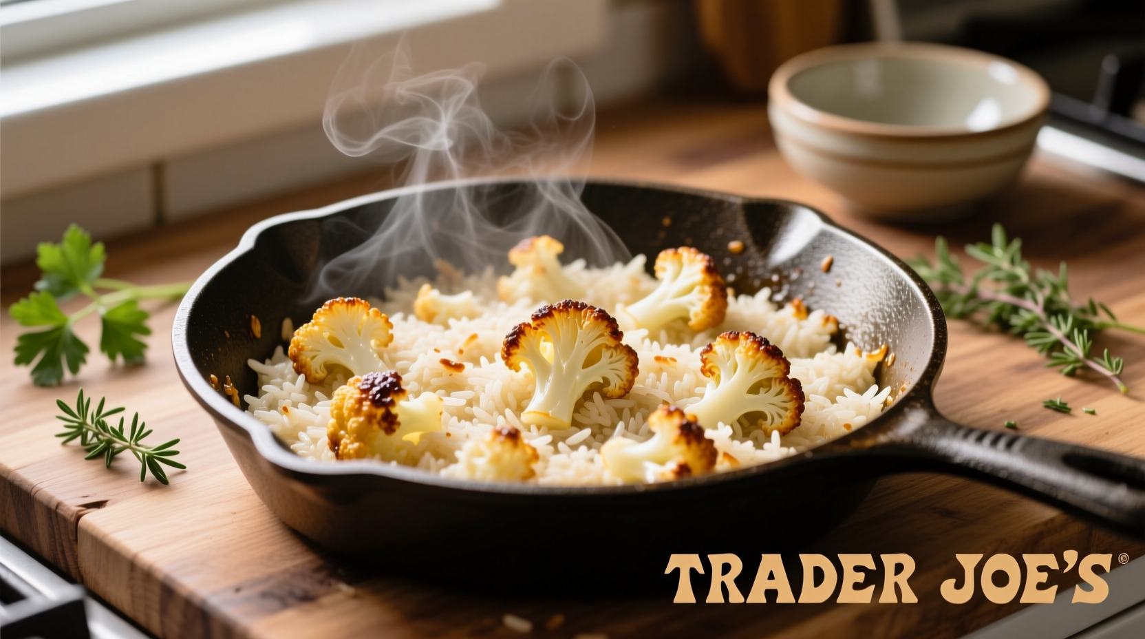 Trader Joe's cauliflower rice in skillet