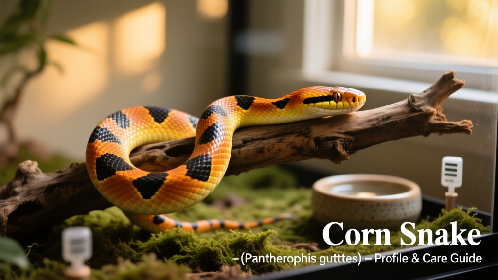A vibrant adult corn snake coiled on a naturalistic branch in its enclosure