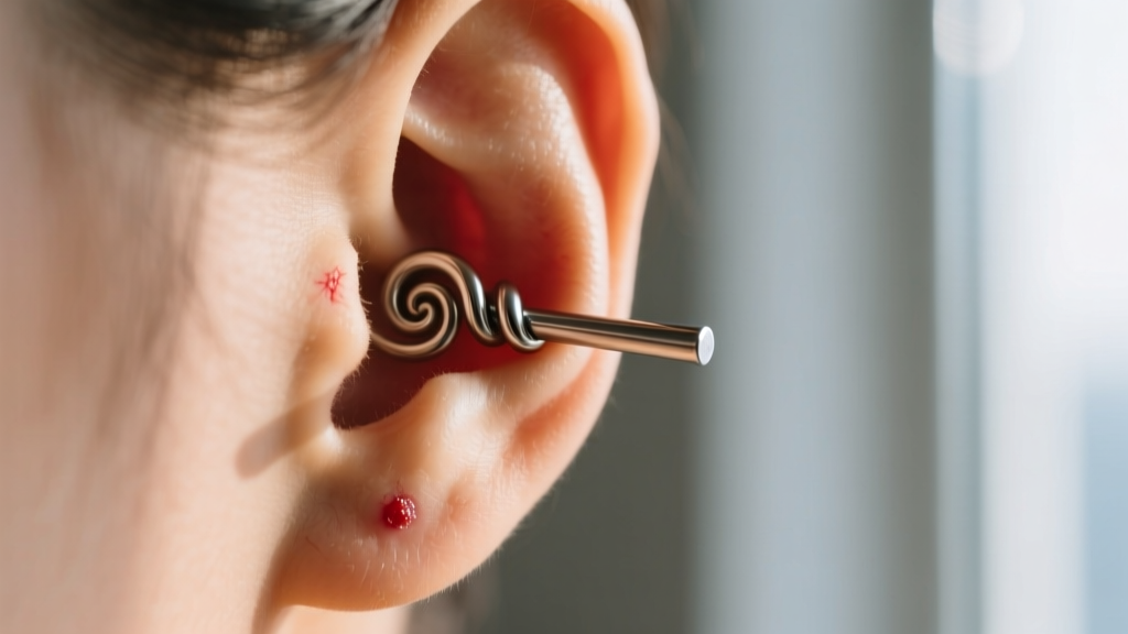 Side profile of a swollen helix cartilage piercing with an irritation bump beside a long titanium stud in soft natural light.