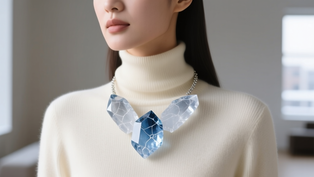 Woman wearing an iceborn quartz necklace over a cream turtleneck in soft winter light, highlighting the raw crystal.
