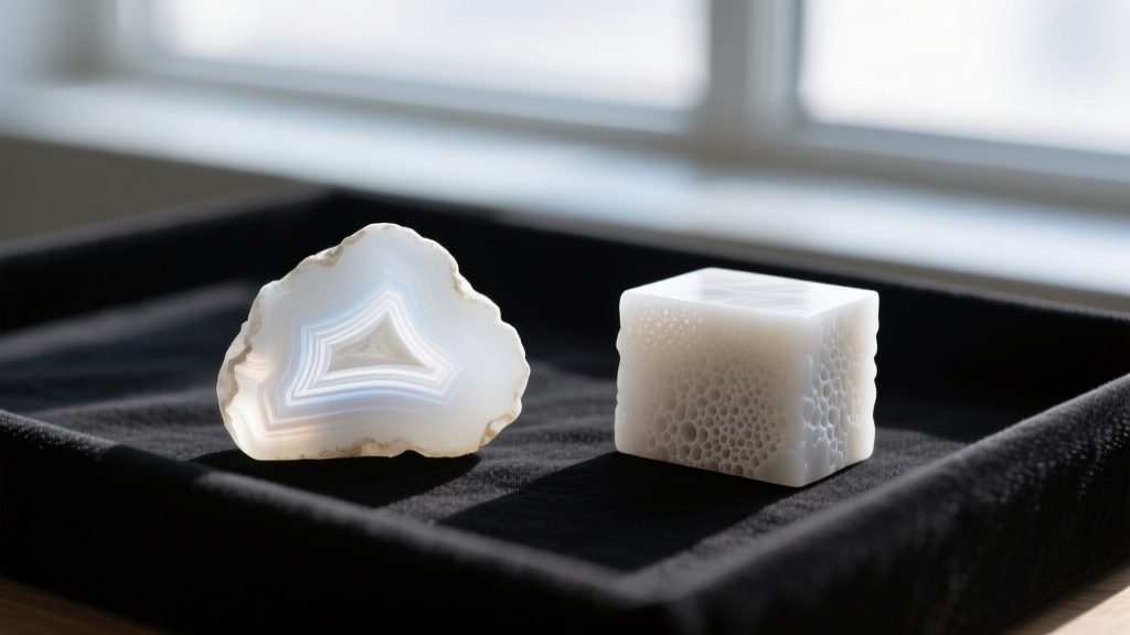 Macro shot comparing the waxy luster of genuine white agate with the chalky texture of a howlite imitation on a dark jeweler mat.