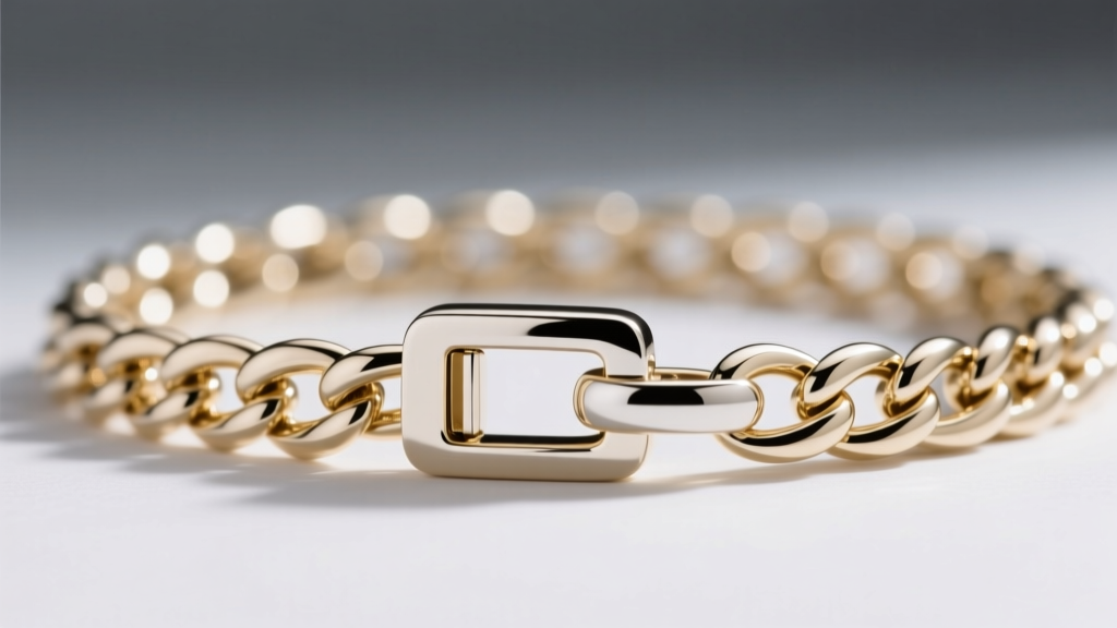 Close-up of a polished white gold box chain with a sleek magnetic clasp, shown fastened against a softly blurred gray background.