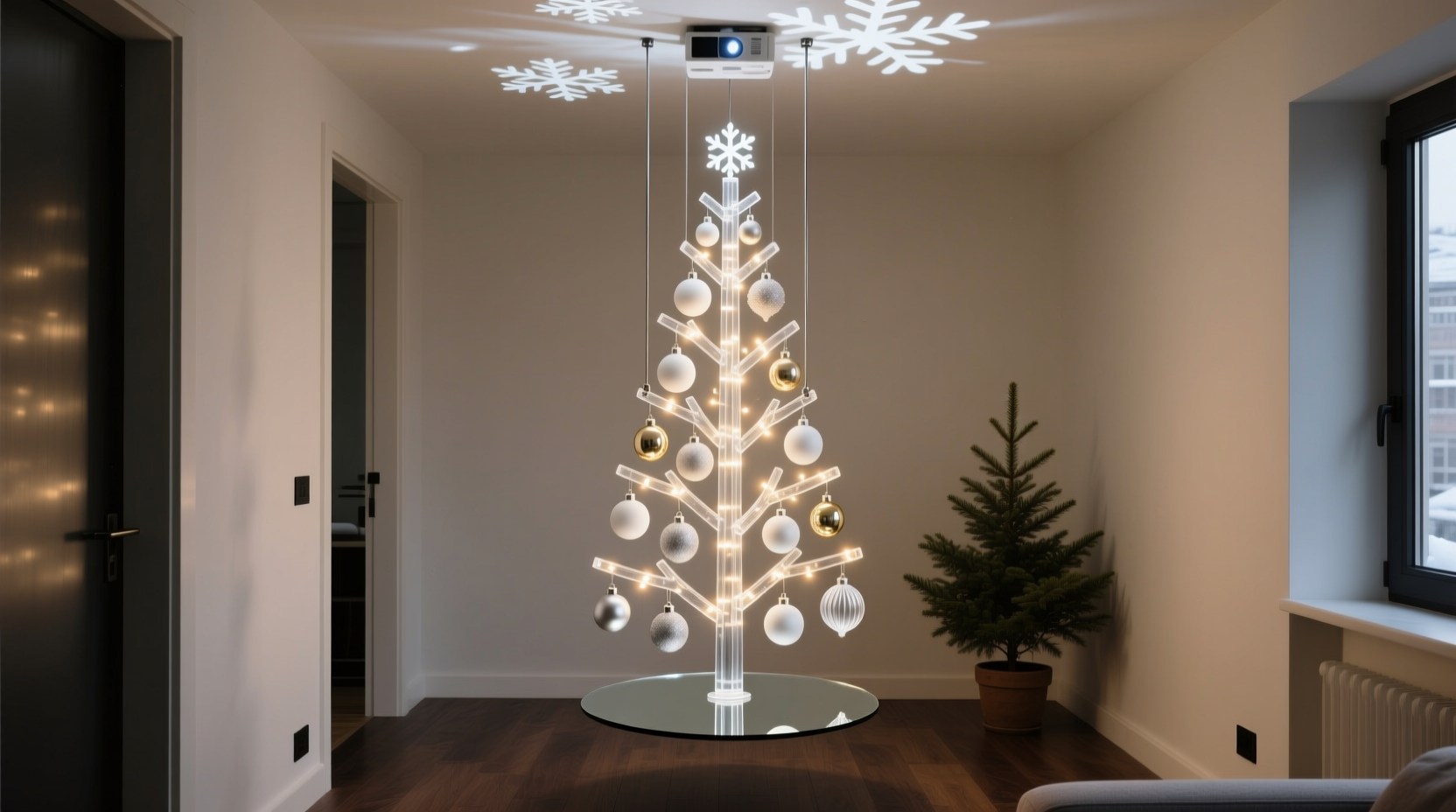 how to decorate a floating christmas tree installation in small spaces