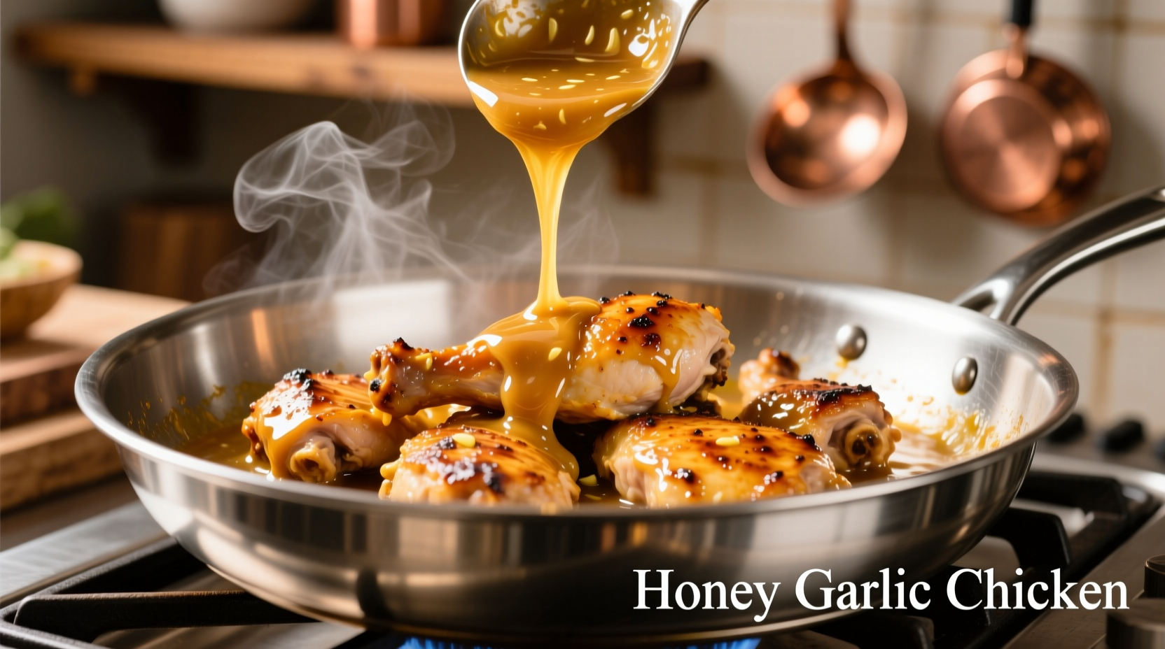 Honey garlic chicken sauce in stainless steel pan