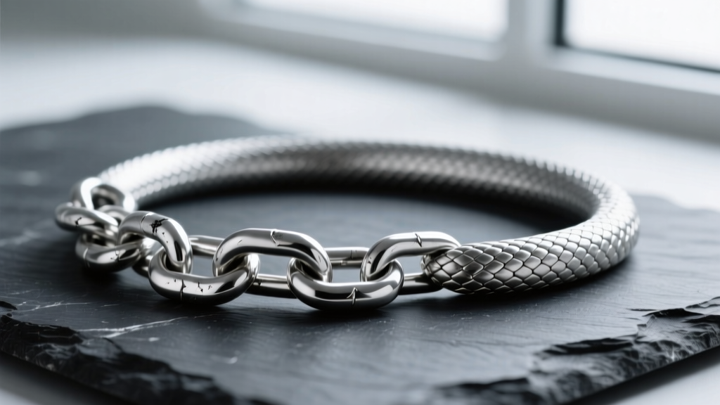 Macro photography comparing a kinked silver snake chain next to a pristine, durable titanium rope chain on a dark slate surface.