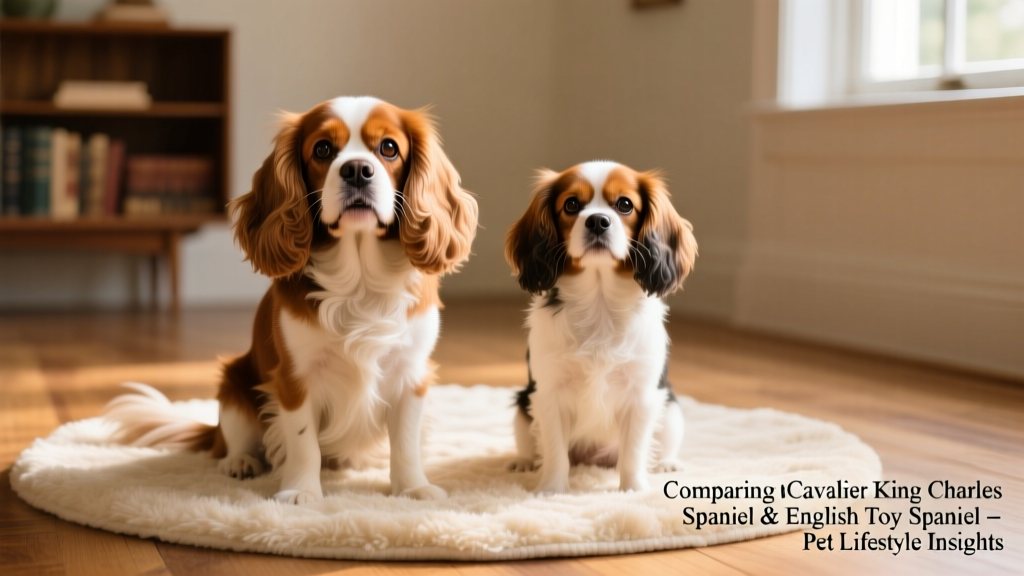 A happy, well-groomed Cavalier King Charles Spaniel and English Toy Spaniel sitting side by side on a plush rug, looking attentively at the camera