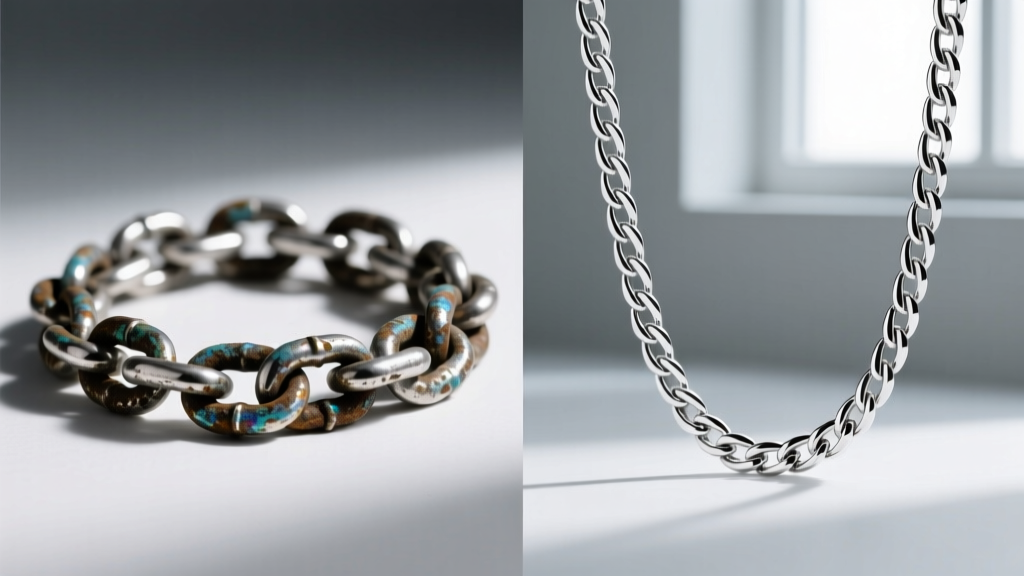 Split-screen of a heavily tarnished sterling silver chain on the left and a bright rhodium-plated silver chain on the right side.