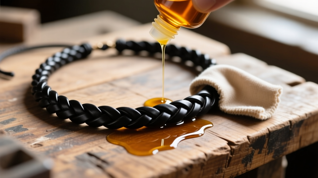 Braided black leather cord necklace being conditioned with neatsfoot oil using a microfiber cloth on a rustic wooden workbench.
