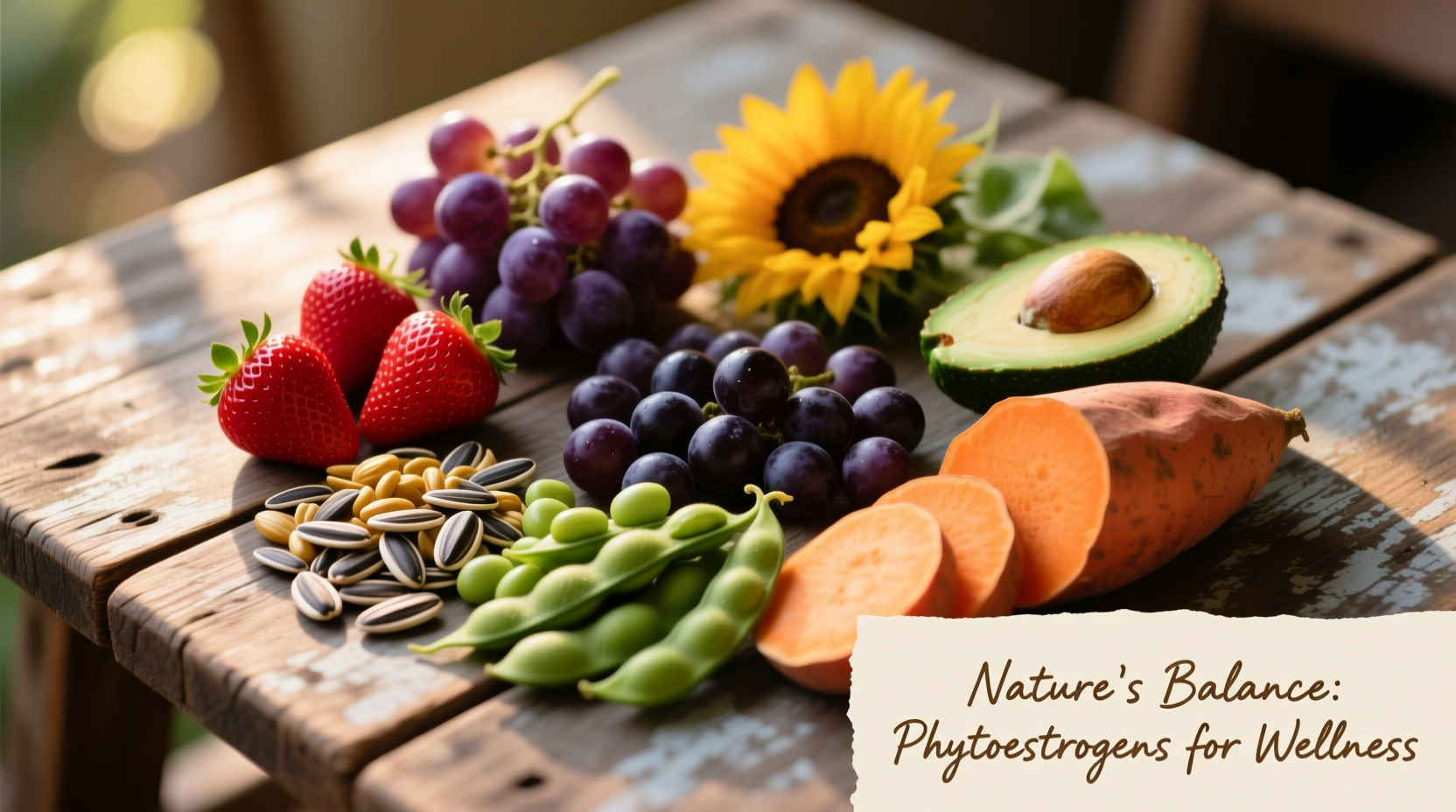 Colorful phytoestrogen-rich foods on wooden table
