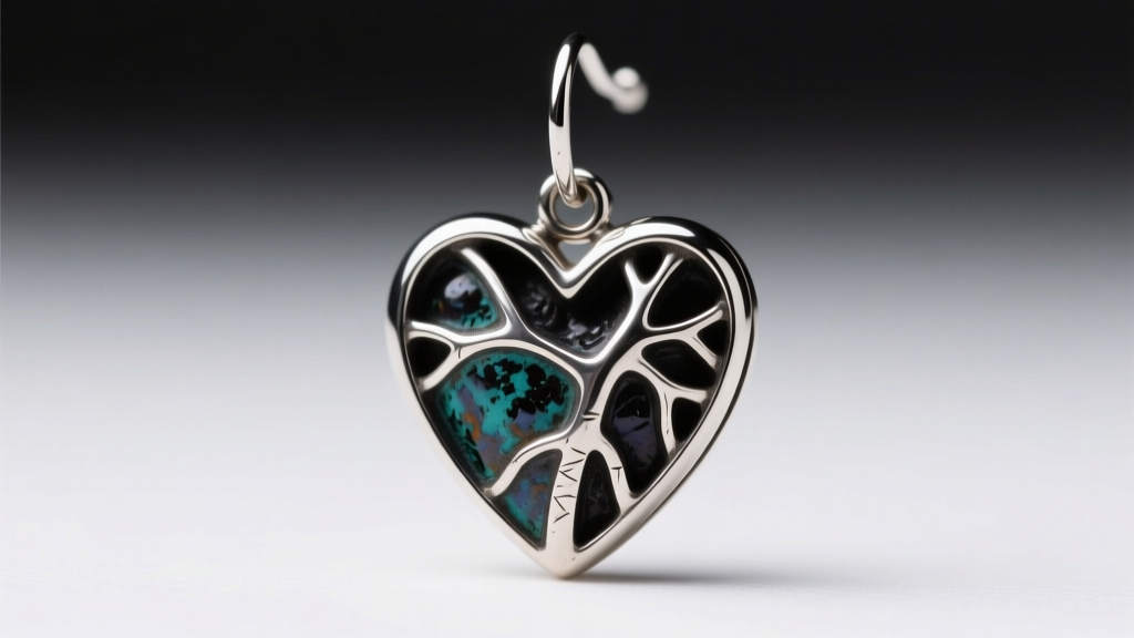 Macro shot of an oxidized sterling silver anatomical heart drop earring, highlighting darkened crevices and polished raised edges.