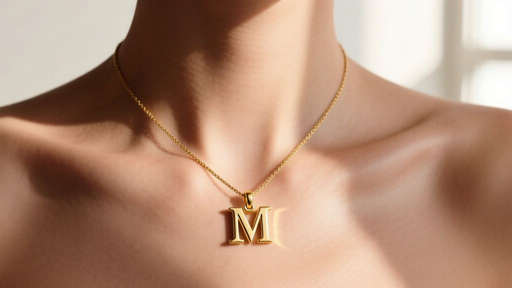 Close-up of a collarbone wearing a 14k solid gold letter M necklace on a 1.2mm cable chain, illuminated by soft natural sunlight.