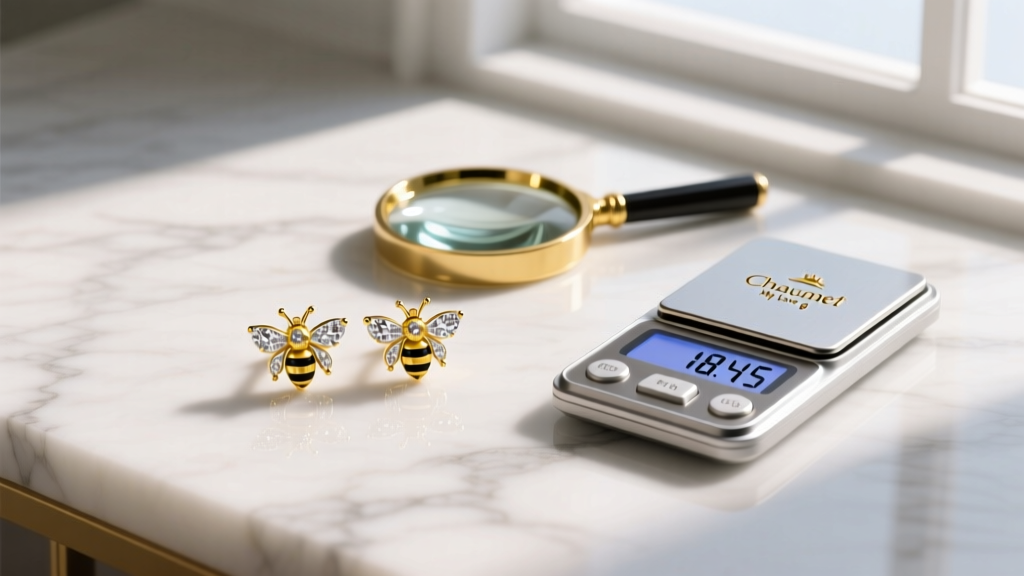 Flat lay of Chaumet Bee My Love 18k yellow gold diamond studs on marble, beside a loupe and a digital precious metal weight scale.