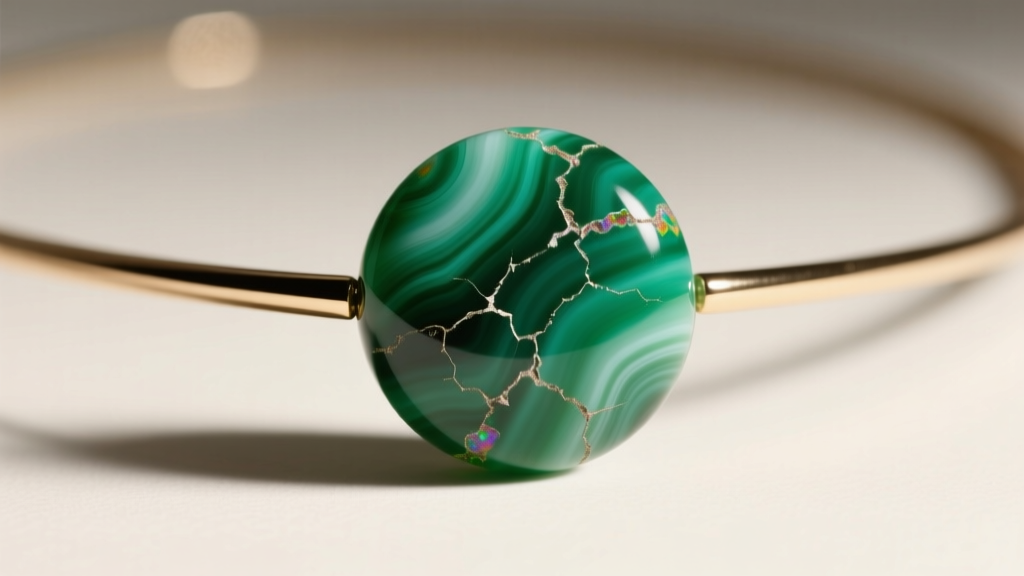 Close-up of a dyed green agate bead on a statement necklace, showing natural banding and color concentration in surface cracks