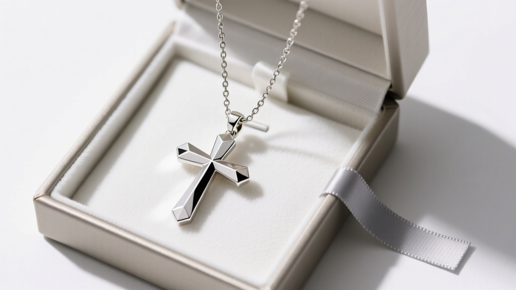 Freshly rhodium-plated white gold cross necklace hanging in a microfiber-lined jewelry box next to an anti-tarnish strip.