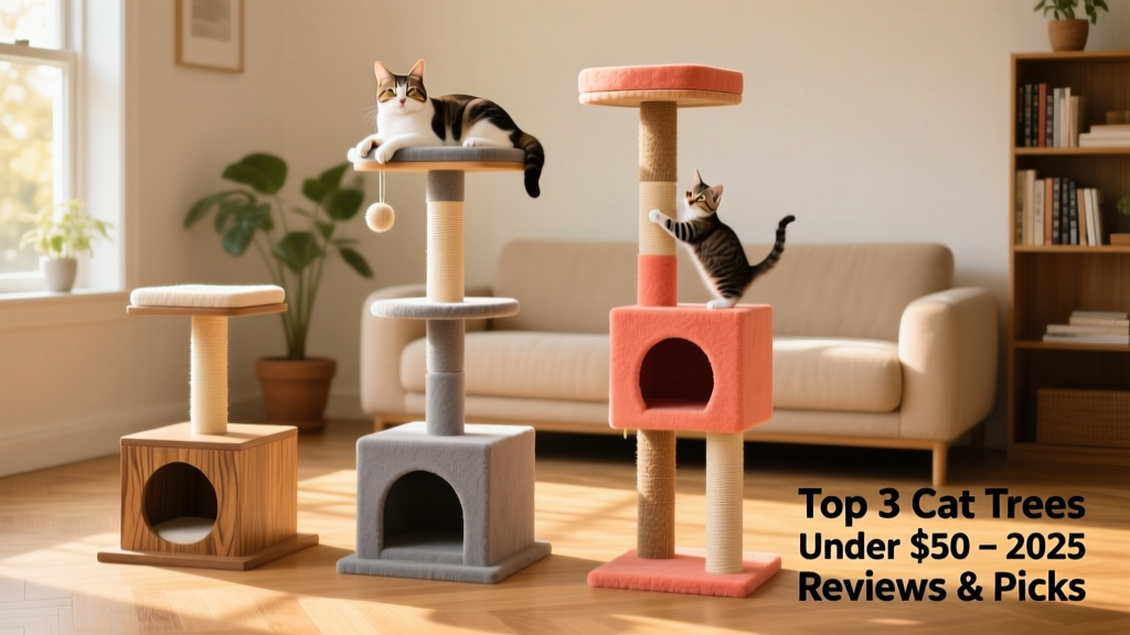 Side-by-side comparison of three FurPetVo cat trees showing different heights, features, and color options