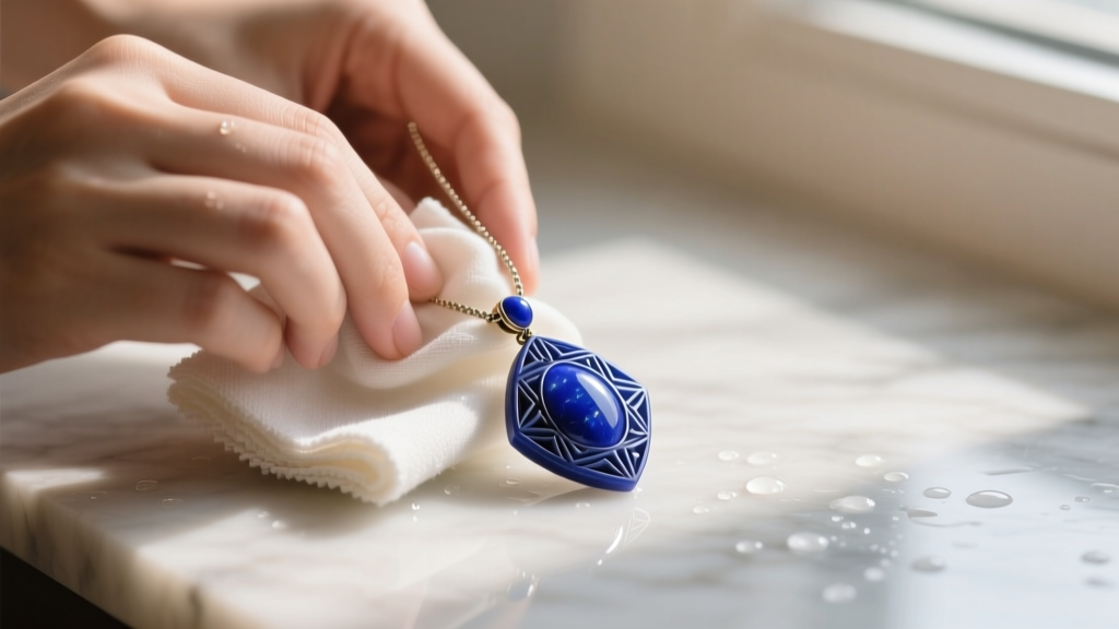 Hands gently wiping a silver lapis lazuli pendant necklace with a damp microfiber cloth, avoiding the porous stone surface.