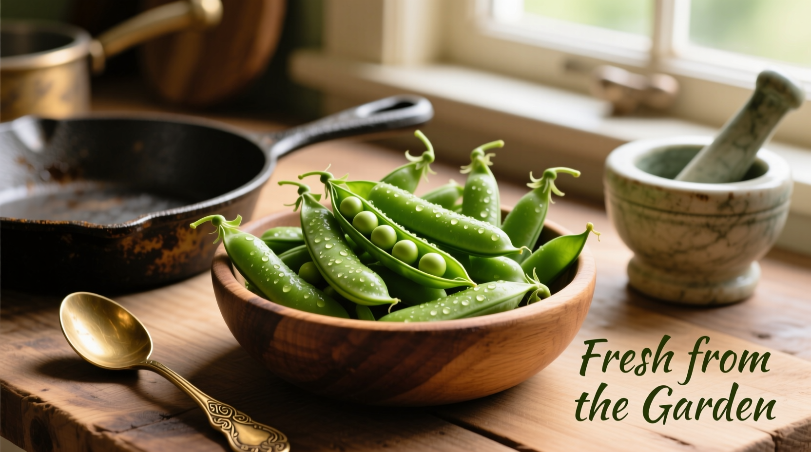 Fresh green peas in shell with cooking utensils