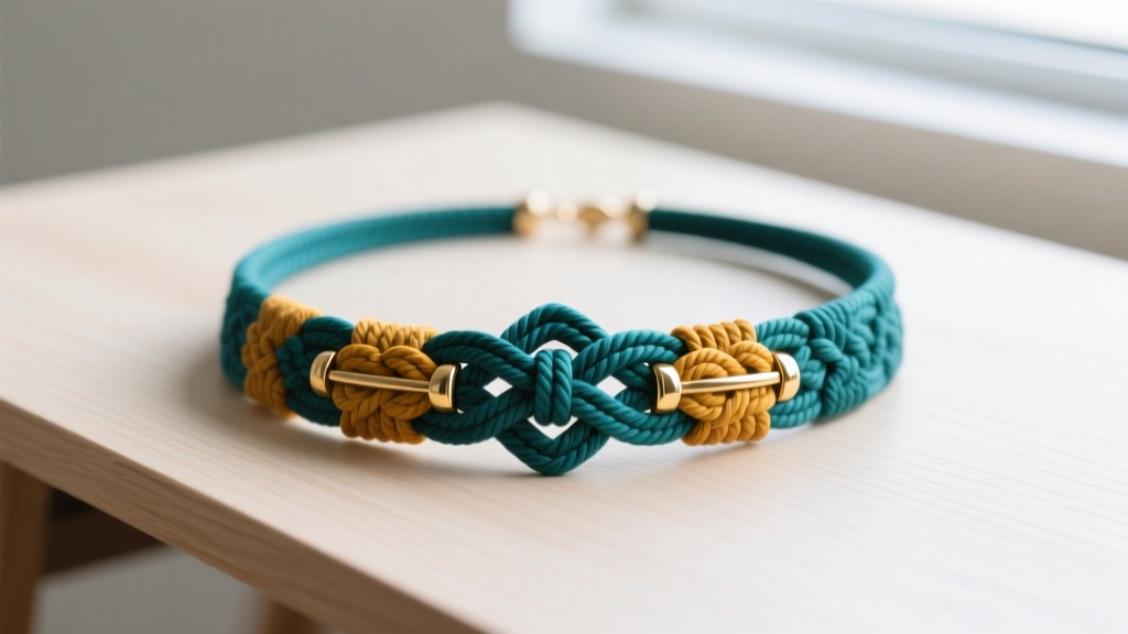 Teal and mustard waxed polyester macrame cords, brass clasps, and a geometric macrame necklace pattern on a wooden desk