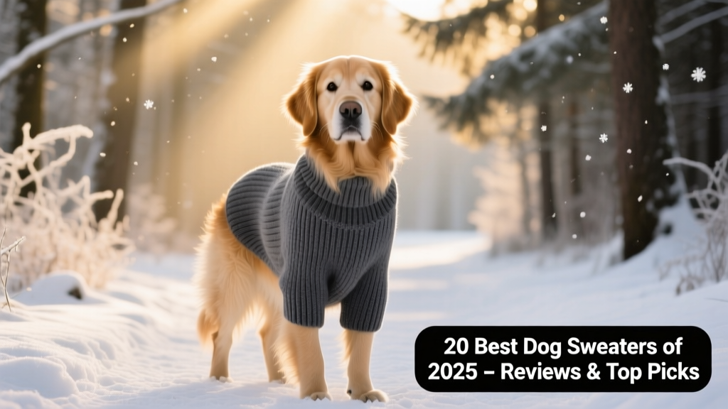 A golden retriever wearing a soft, ribbed knit sweater in charcoal gray, standing on a snowy path
