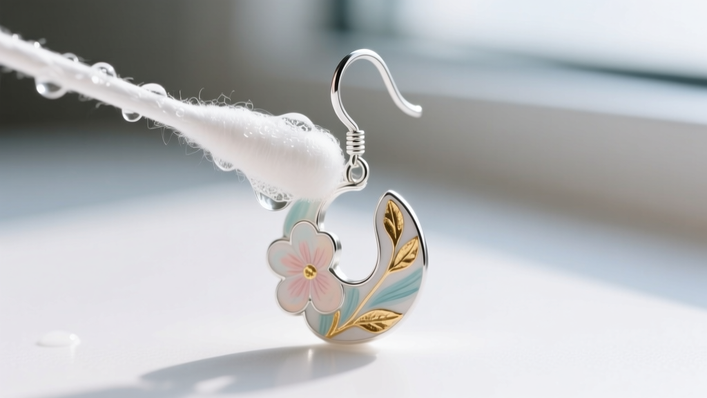 Macro shot of a cotton swab with mild soapy water carefully cleaning the sterling silver hook of a hand painted earring