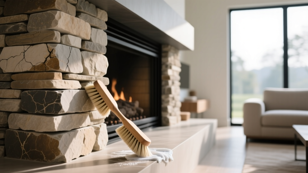 Close-up of textured dry stack ledger stone fireplace surround being gently cleaned with a soft bristle brush in a modern living room