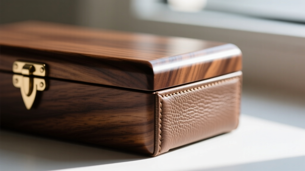 Close-up of polished walnut wood beside textured vegan leather on the corner joint of a classic ballerina jewelry box exterior.
