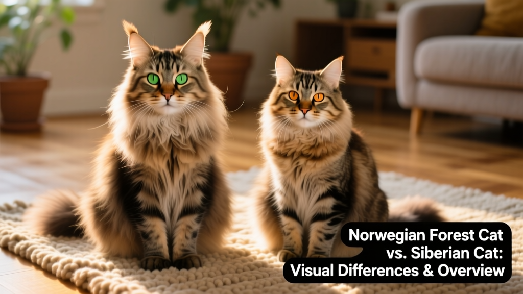 A Norwegian Forest Cat sitting calmly beside a Siberian Cat on a sunlit rug, highlighting their contrasting facial features and coat patterns