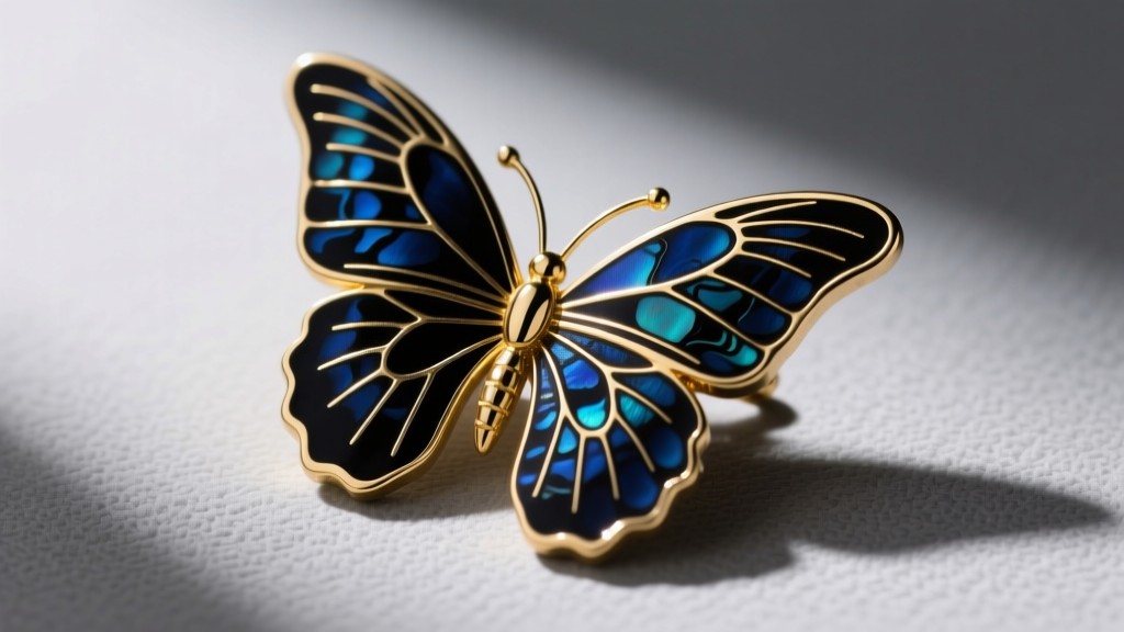 Macro shot of a Shakudo butterfly brooch with a dark blue-black patina and gold accents resting against a neutral grey backdrop.