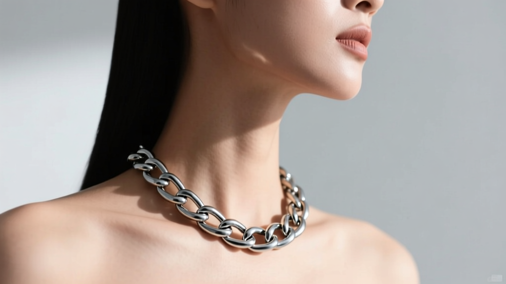 Side profile of a woman wearing a thick titanium Cuban link necklace, highlighting the clean, irritation-free skin on her neck.