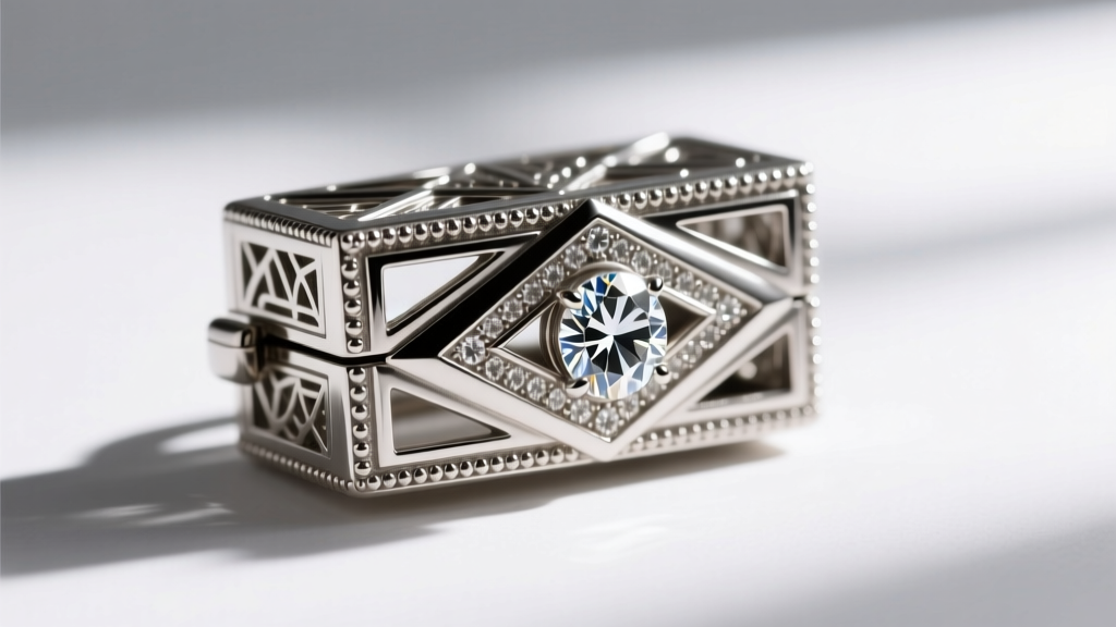 Side profile of an Art Deco platinum box clasp with milgrain edges and a mine-cut diamond, under soft studio lighting.