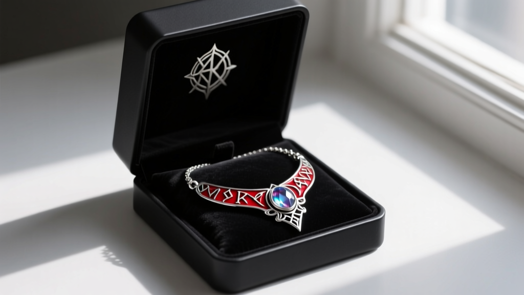 Open matte-black jewelry box revealing a polished silver and red enamel RPG-inspired necklace resting on dark velvet packaging.