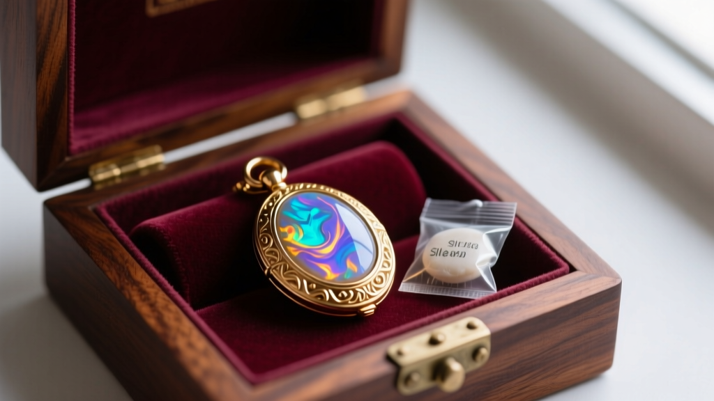 Antique 18k rose gold opal locket stored inside a velvet-lined mahogany jewelry box next to a small silica gel humidity packet