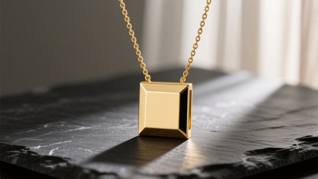Minimalist 14k solid gold necklace with square pendant on dark slate, studio lighting highlighting sharp edges