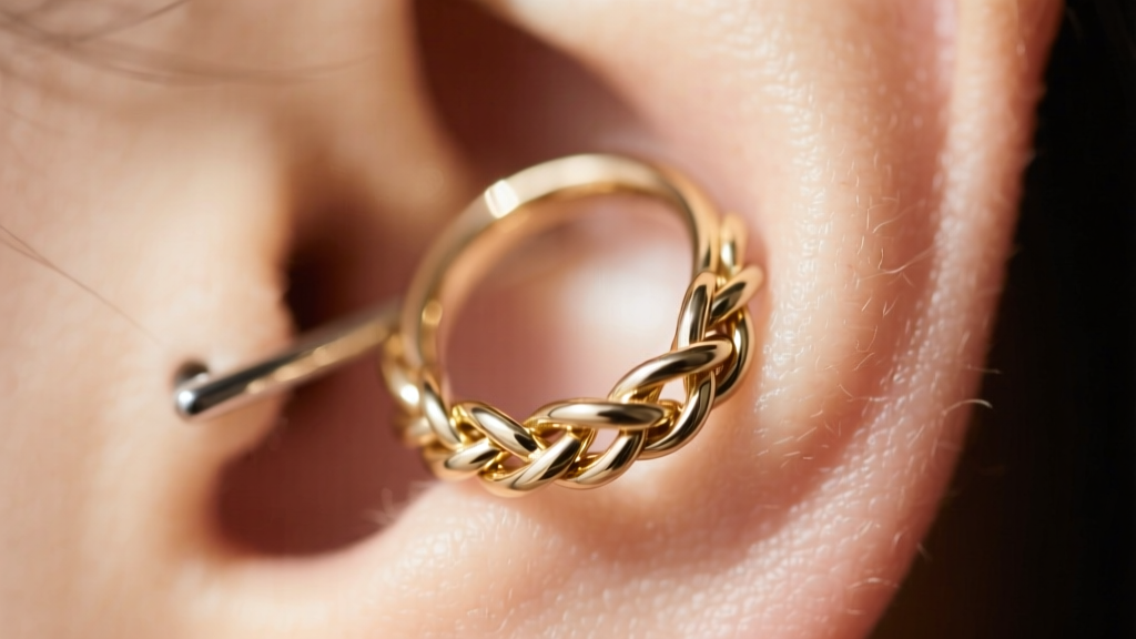 Macro shot of a 16-gauge white gold knotted cartilage hoop on a healed helix piercing, highlighting intricate metalwork details