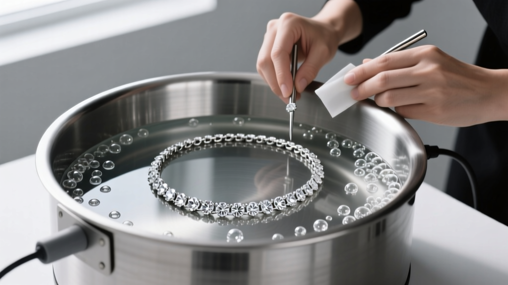 Jeweler using ultrasonic cleaning equipment on a platinum diamond tennis necklace, with small bubbles visible in the stainless tank