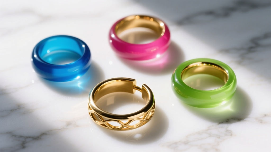 Overhead flat lay of gold-plated brass hoops and bright resin rings resting on a white marble surface in soft natural daylight.
