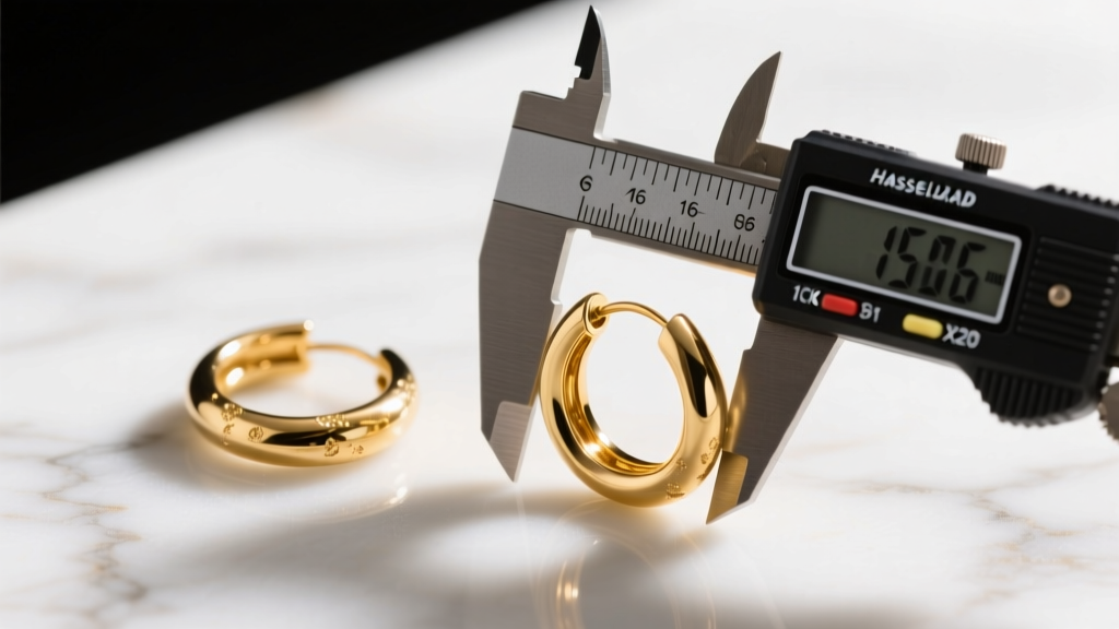 Macro shot of gold hoop earrings on white marble, digital calipers measuring 16-gauge wire thickness under soft studio lighting