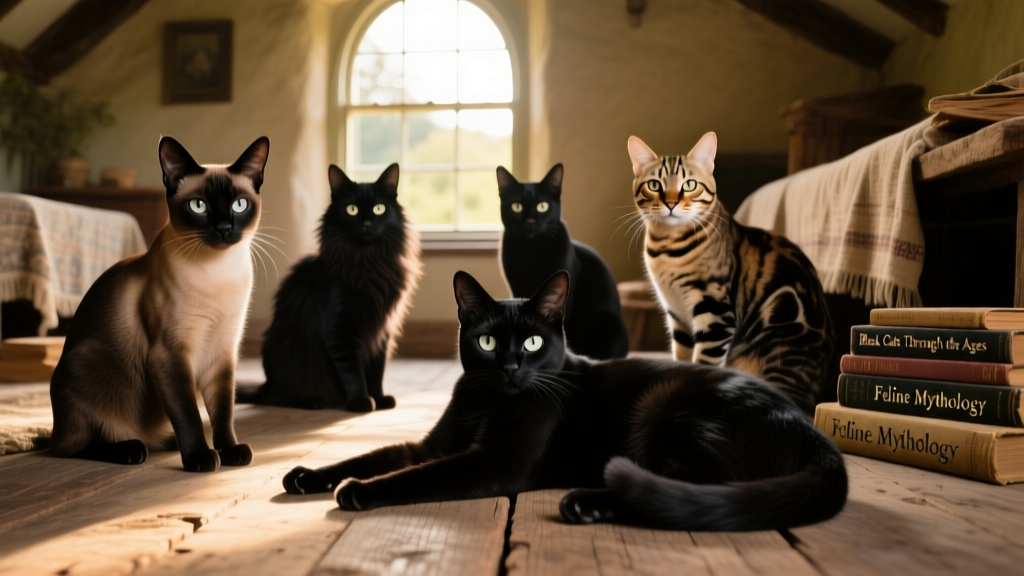 A group of diverse black cats lounging together in natural light, showcasing their glossy coats and expressive eyes