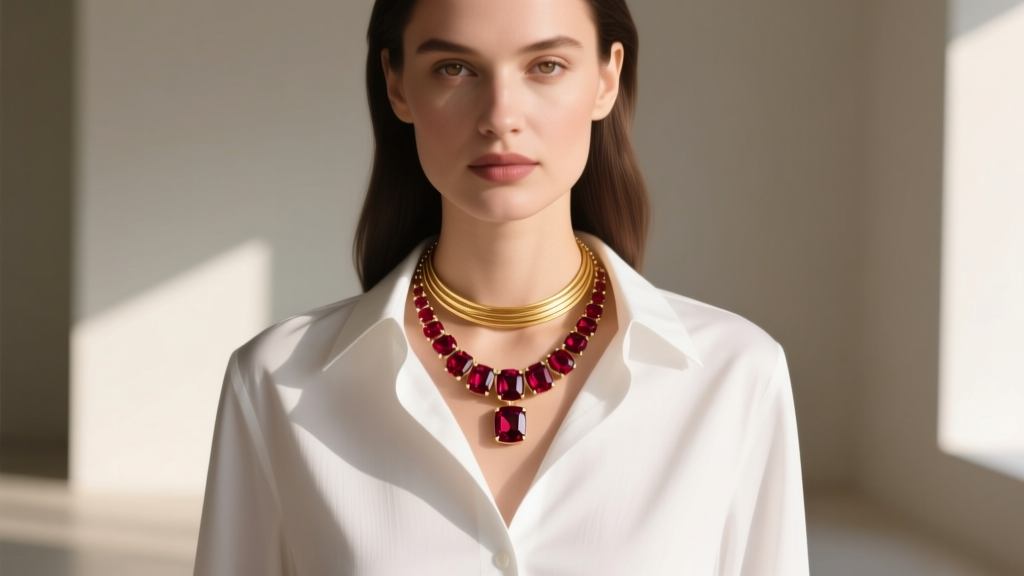 Woman wearing a 16-inch garnet station necklace over a crisp white button-down shirt, layered with a delicate solid gold choker.