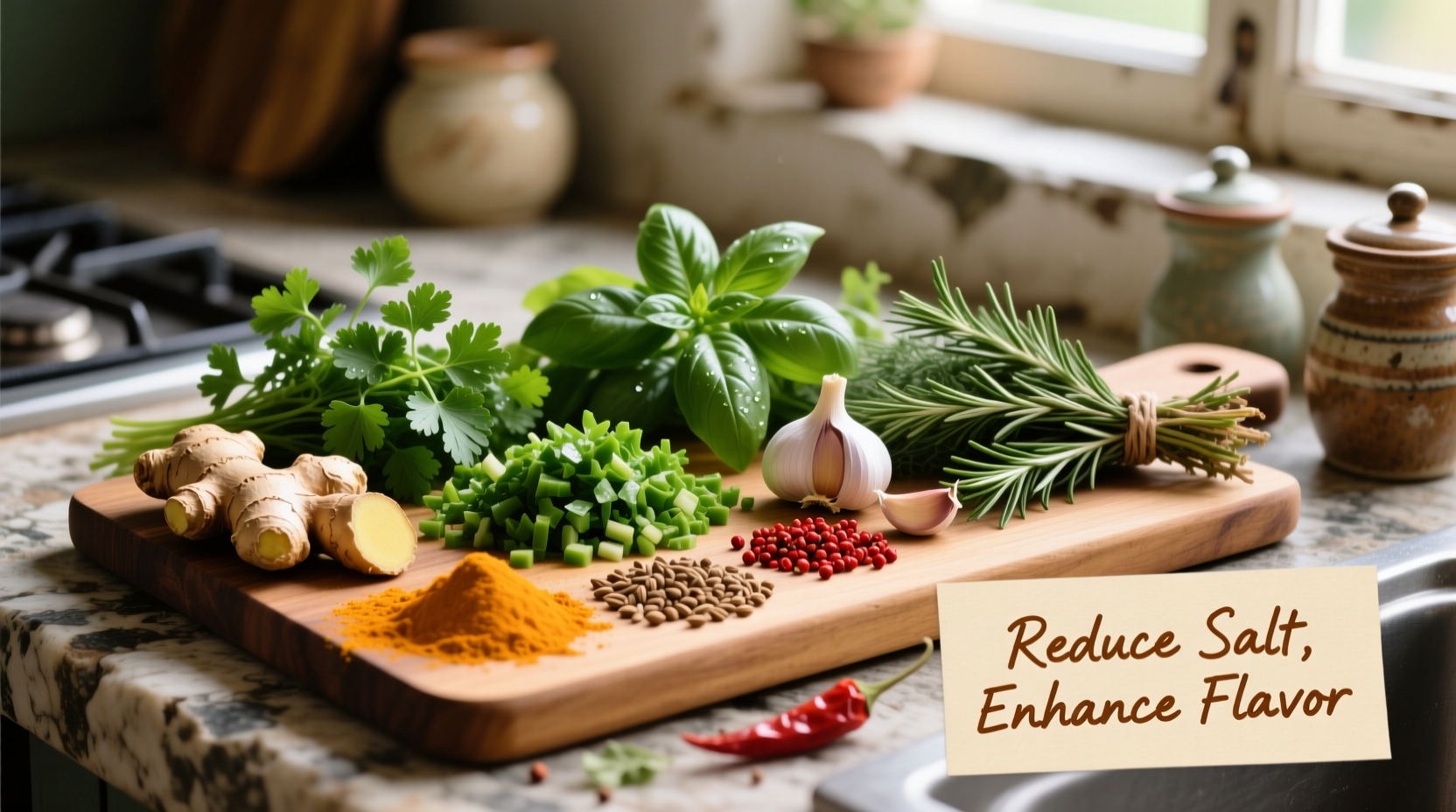 Fresh herbs and spices for salt reduction