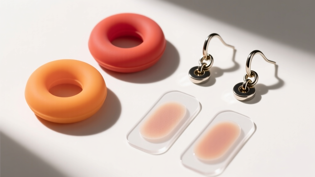 Top-down view of heavy-duty earring backings, including jumbo silicone discs, locking leverbacks, and clear adhesive lobe patches.