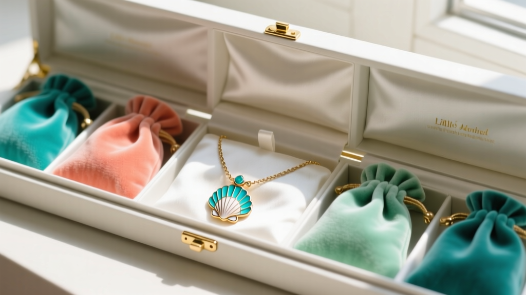 Little mermaid necklace with enamel seashells stored safely inside separate soft velvet pouches within a lined anti-tarnish box