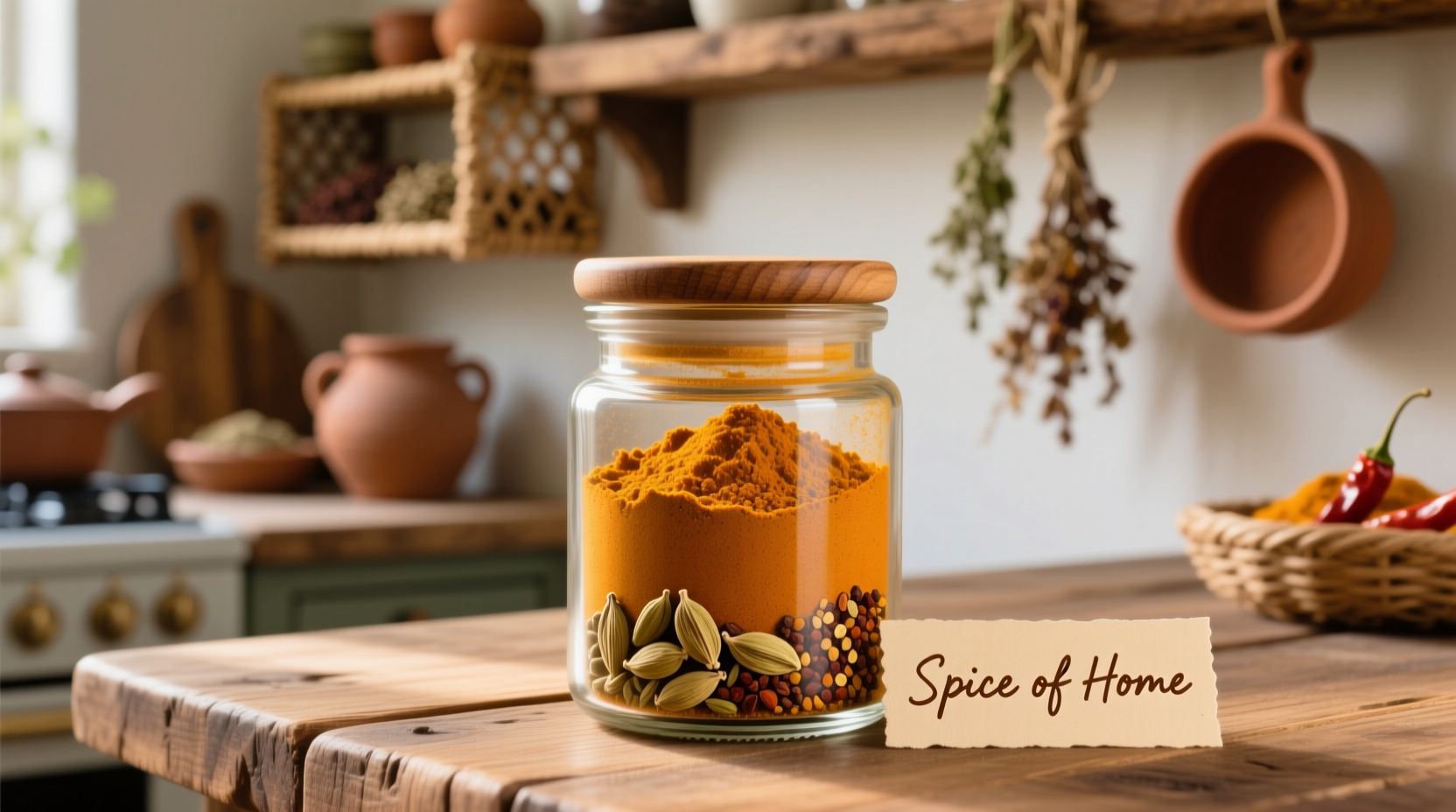 Hausgemachtes Currypulver im Glas mit ganzen Gewürzen