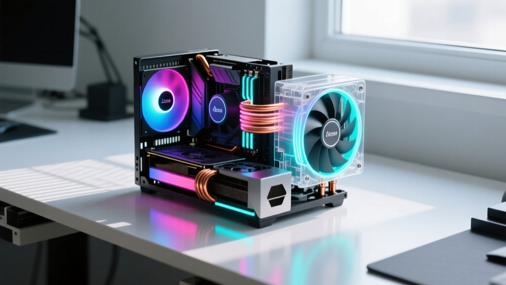 Close-up of a partially assembled custom gaming PC with RGB lighting, featuring a large GPU and liquid cooler on a modern workbench